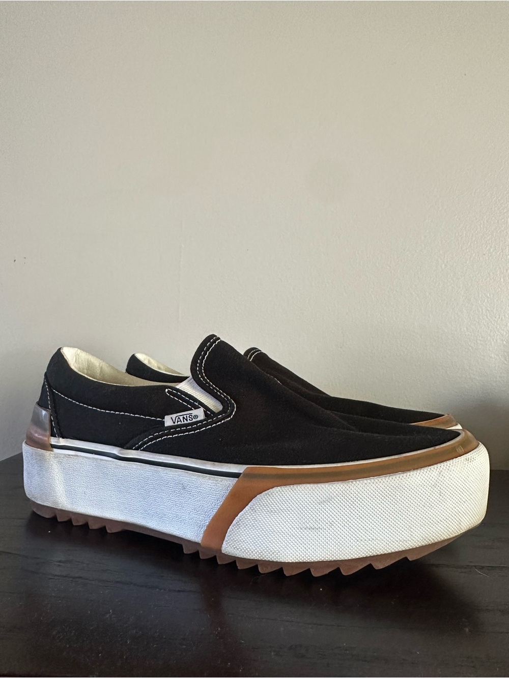 Vans Black Canvas Platform Slip-On with Brown Trim